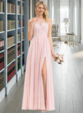 Estrella A-Line Scoop Neck Floor-Length Chiffon Lace Bridesmaid Dress With Split Front STIP0012896