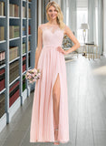 Estrella A-Line Scoop Neck Floor-Length Chiffon Lace Bridesmaid Dress With Split Front STIP0012896