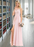 Estrella A-Line Scoop Neck Floor-Length Chiffon Lace Bridesmaid Dress With Split Front STIP0012896