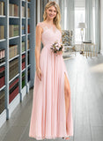 Estrella A-Line Scoop Neck Floor-Length Chiffon Lace Bridesmaid Dress With Split Front STIP0012896