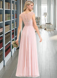 Estrella A-Line Scoop Neck Floor-Length Chiffon Lace Bridesmaid Dress With Split Front STIP0012896