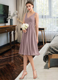 Pru Empire V-Neck Knee-Length Chiffon Bridesmaid Dress With Cascading Ruffles STIP0012901