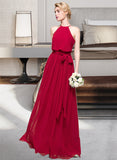 Shirley A-Line Scoop Neck Floor-Length Chiffon Bridesmaid Dress With Bow(s) STIP0012902