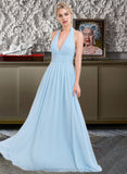 Rosemary A-line Halter Floor-Length Chiffon Bridesmaid Dress With Ruffle STIP0012905