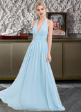 Rosemary A-line Halter Floor-Length Chiffon Bridesmaid Dress With Ruffle STIP0012905