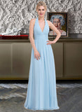 Rosemary A-line Halter Floor-Length Chiffon Bridesmaid Dress With Ruffle STIP0012905