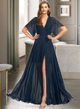 Alanna A-Line V-neck Floor-Length Chiffon Bridesmaid Dress With Split Front STIP0012909