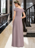 Laura A-Line V-neck Floor-Length Chiffon Bridesmaid Dress With Cascading Ruffles Pockets STIP0012910