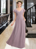 Laura A-Line V-neck Floor-Length Chiffon Bridesmaid Dress With Cascading Ruffles Pockets STIP0012910