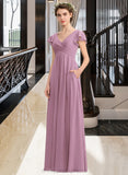 Laura A-Line V-neck Floor-Length Chiffon Bridesmaid Dress With Cascading Ruffles Pockets STIP0012910