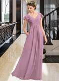 Laura A-Line V-neck Floor-Length Chiffon Bridesmaid Dress With Cascading Ruffles Pockets STIP0012910