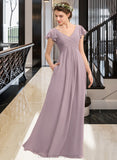 Laura A-Line V-neck Floor-Length Chiffon Bridesmaid Dress With Cascading Ruffles Pockets STIP0012910