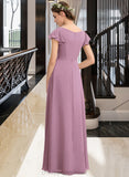 Laura A-Line V-neck Floor-Length Chiffon Bridesmaid Dress With Cascading Ruffles Pockets STIP0012910