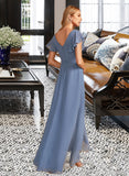 Lydia A-Line V-neck Asymmetrical Bridesmaid Dress With Ruffle Split Front STIP0012912