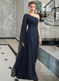 Maggie A-line One Shoulder Floor-Length Chiffon Bridesmaid Dress With Ruffle STIP0012920