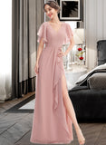 Brisa A-Line V-neck Floor-Length Bridesmaid Dress With Ruffle Split Front STIP0012923