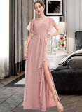 Brisa A-Line V-neck Floor-Length Bridesmaid Dress With Ruffle Split Front STIP0012923