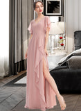 Brisa A-Line V-neck Floor-Length Bridesmaid Dress With Ruffle Split Front STIP0012923