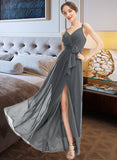 Erin A-Line V-neck Floor-Length Bridesmaid Dress With Ruffle Beading Split Front STIP0012926