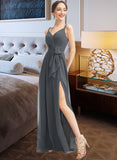 Erin A-Line V-neck Floor-Length Bridesmaid Dress With Ruffle Beading Split Front STIP0012926