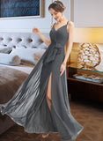 Erin A-Line V-neck Floor-Length Bridesmaid Dress With Ruffle Beading Split Front STIP0012926