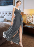 Erin A-Line V-neck Floor-Length Bridesmaid Dress With Ruffle Beading Split Front STIP0012926