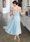 Kaitlyn A-line V-Neck Tea-Length Chiffon Bridesmaid Dress With Pleated STIP0012930