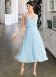 Kaitlyn A-line V-Neck Tea-Length Chiffon Bridesmaid Dress With Pleated STIP0012930