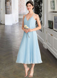 Kaitlyn A-line V-Neck Tea-Length Chiffon Bridesmaid Dress With Pleated STIP0012930