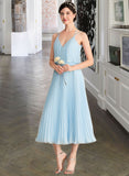 Kaitlyn A-line V-Neck Tea-Length Chiffon Bridesmaid Dress With Pleated STIP0012930