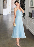 Kaitlyn A-line V-Neck Tea-Length Chiffon Bridesmaid Dress With Pleated STIP0012930