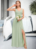 Zaniyah A-Line V-neck Floor-Length Chiffon Bridesmaid Dress With Ruffle Split Front STIP0012933