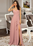 Nadia A-Line V-neck Floor-Length Chiffon Bridesmaid Dress With Ruffle Split Front STIP0012936