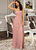 Nadia A-Line V-neck Floor-Length Chiffon Bridesmaid Dress With Ruffle Split Front STIP0012936