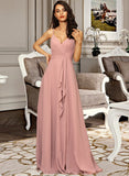 Nadia A-Line V-neck Floor-Length Chiffon Bridesmaid Dress With Ruffle Split Front STIP0012936