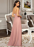 Nadia A-Line V-neck Floor-Length Chiffon Bridesmaid Dress With Ruffle Split Front STIP0012936