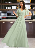 Ingrid A-Line V-neck Floor-Length Bridesmaid Dress With Ruffle STIP0012940