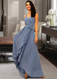 Mattie A-Line V-neck Asymmetrical Chiffon Bridesmaid Dress With Ruffle Bow(s) STIP0012942