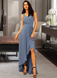 Mattie A-Line V-neck Asymmetrical Chiffon Bridesmaid Dress With Ruffle Bow(s) STIP0012942