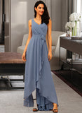 Mattie A-Line V-neck Asymmetrical Chiffon Bridesmaid Dress With Ruffle Bow(s) STIP0012942