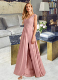 Phyllis A-Line V-neck Floor-Length Bridesmaid Dress With Split Front Pockets STIP0012943