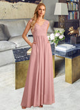 Phyllis A-Line V-neck Floor-Length Bridesmaid Dress With Split Front Pockets STIP0012943