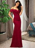 Blanche Sheath/Column Off-the-Shoulder Floor-Length Chiffon Bridesmaid Dress With Split Front Cascading Ruffles STIP0012944