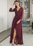 Camilla A-Line V-neck Asymmetrical Bridesmaid Dress With Ruffle Split Front STIP0012945