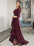 Camilla A-Line V-neck Asymmetrical Bridesmaid Dress With Ruffle Split Front STIP0012945