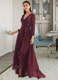 Camilla A-Line V-neck Asymmetrical Bridesmaid Dress With Ruffle Split Front STIP0012945