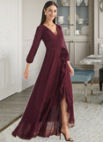 Camilla A-Line V-neck Asymmetrical Bridesmaid Dress With Ruffle Split Front STIP0012945