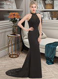 Pru Trumpet/Mermaid High Neck Sweep Train Chiffon Lace Bridesmaid Dress STIP0012946