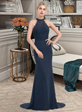 Pru Trumpet/Mermaid High Neck Sweep Train Chiffon Lace Bridesmaid Dress STIP0012946