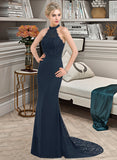 Pru Trumpet/Mermaid High Neck Sweep Train Chiffon Lace Bridesmaid Dress STIP0012946